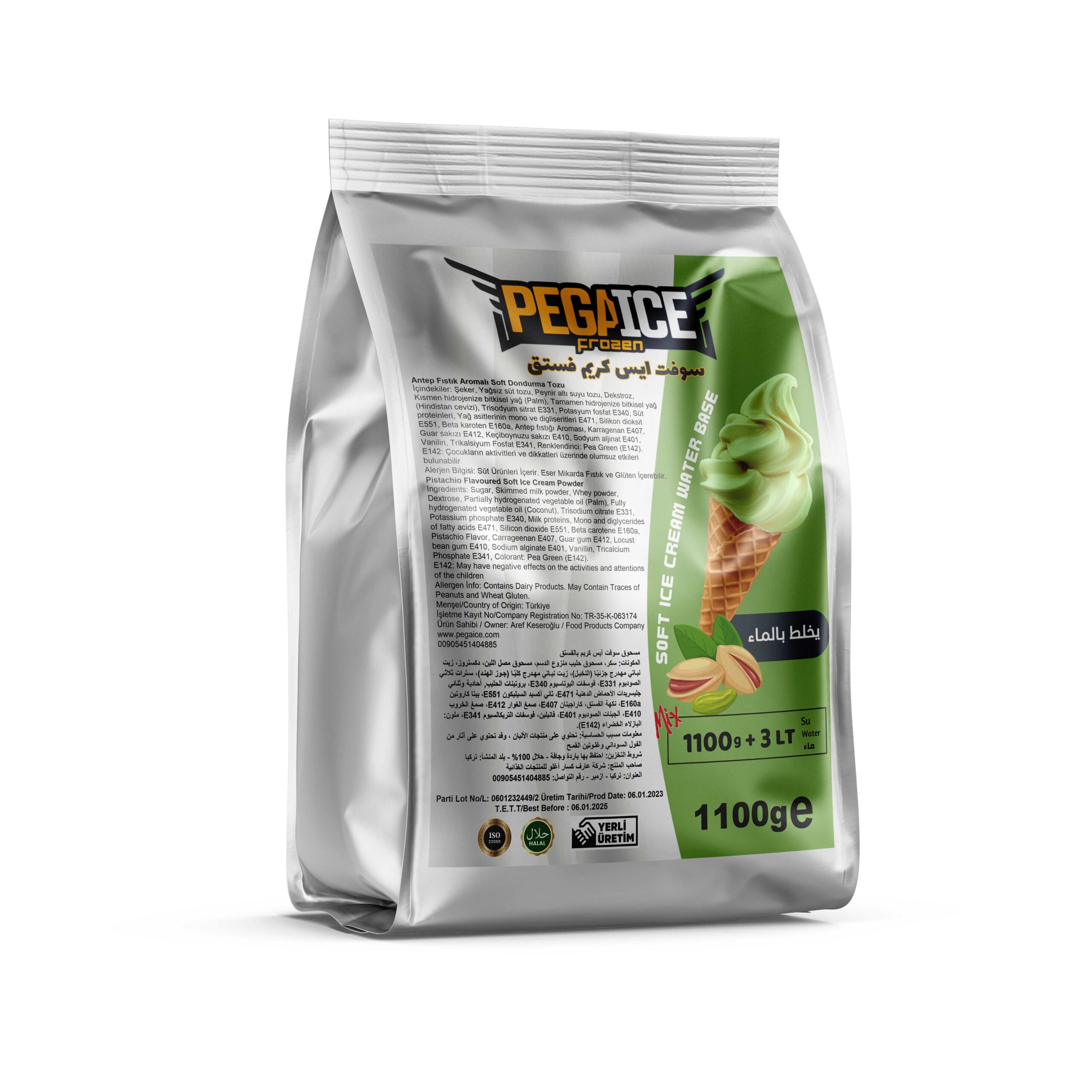 Soft ice cream powder Pistachio flavoured Preparation:Mix 1 packet of powder with 3 litres of waterIn a bowl with the help of a hand or electric mixer مسحوق سوفت ايس كريم بنكهة الفستق