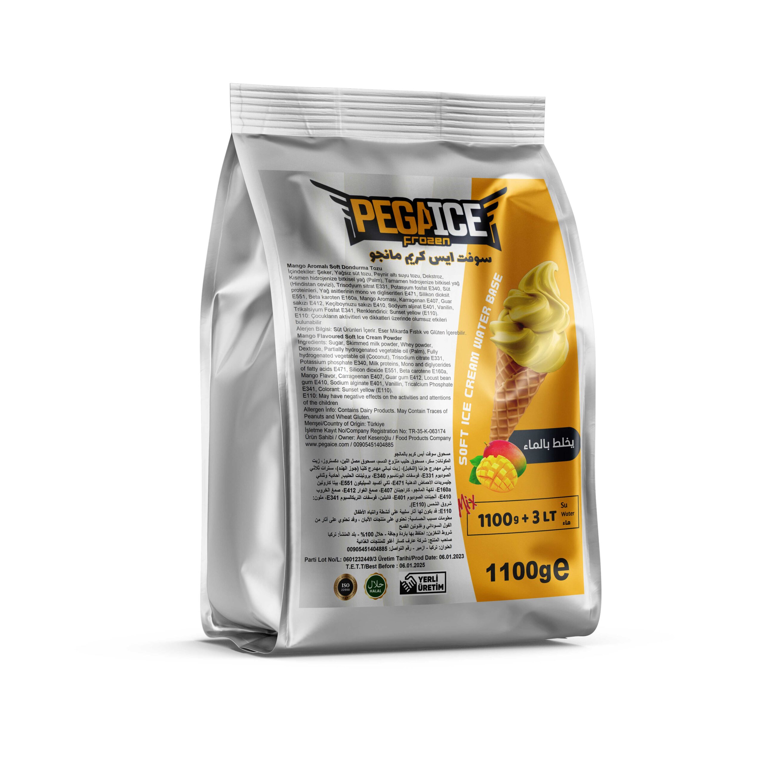 Soft ice cream powder Mango flavoured Water Base Preparation:Mix 1 packet of powder with 3 litres of water In a bowl with the help of a hand or mixer مسحوق سوفت ايس كريم بنكهة المانجو