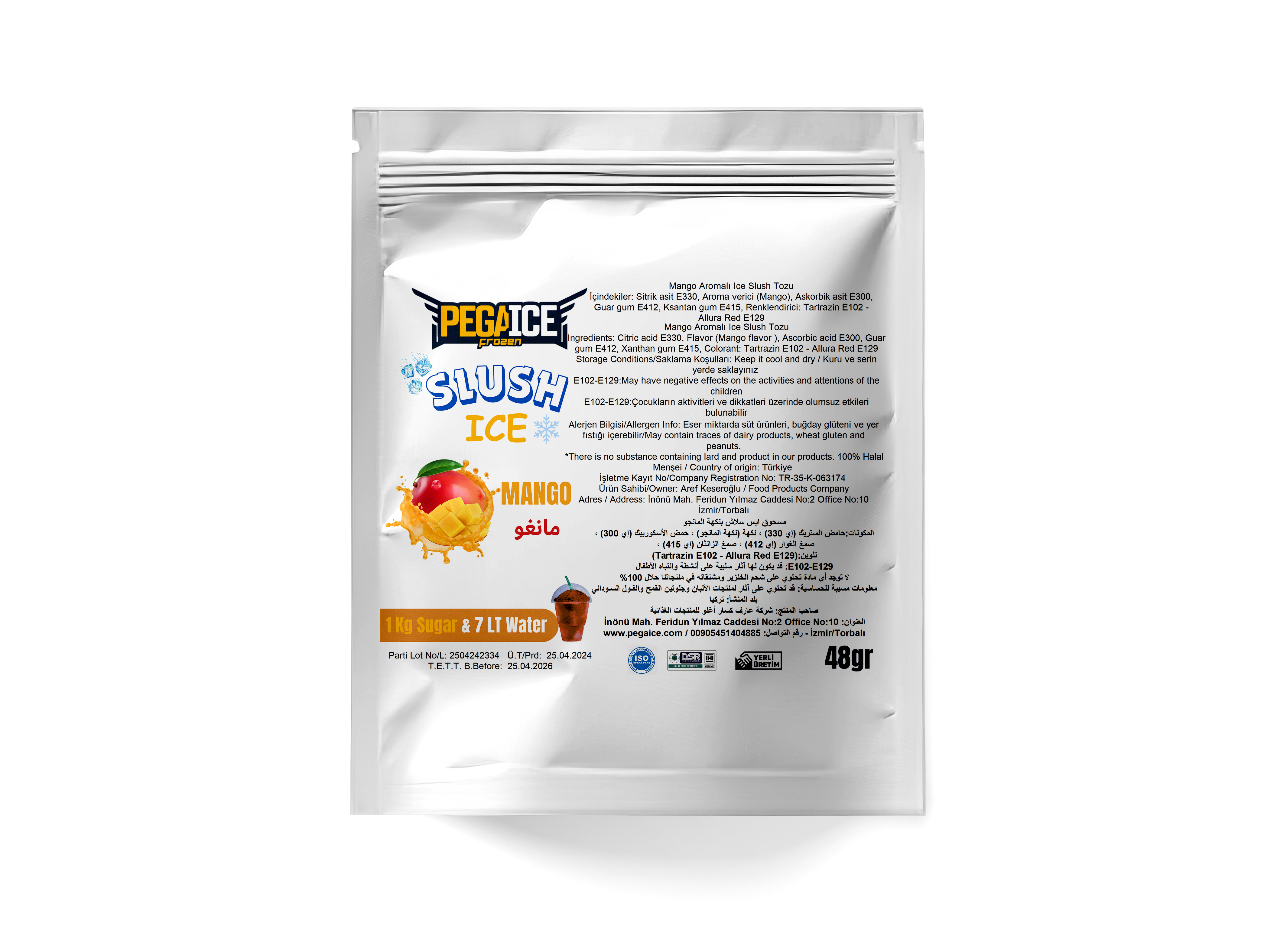 تحضير مسحوق سلاش بنكهة المانجو: 7 لتر من الماء و1 كجم من السكر و 48 غرام من مسحوق السلاش تُخلط المكونات كلها جيدًا في وعاء و من ثم تُسكب في خزان آلة صنع السلاش.