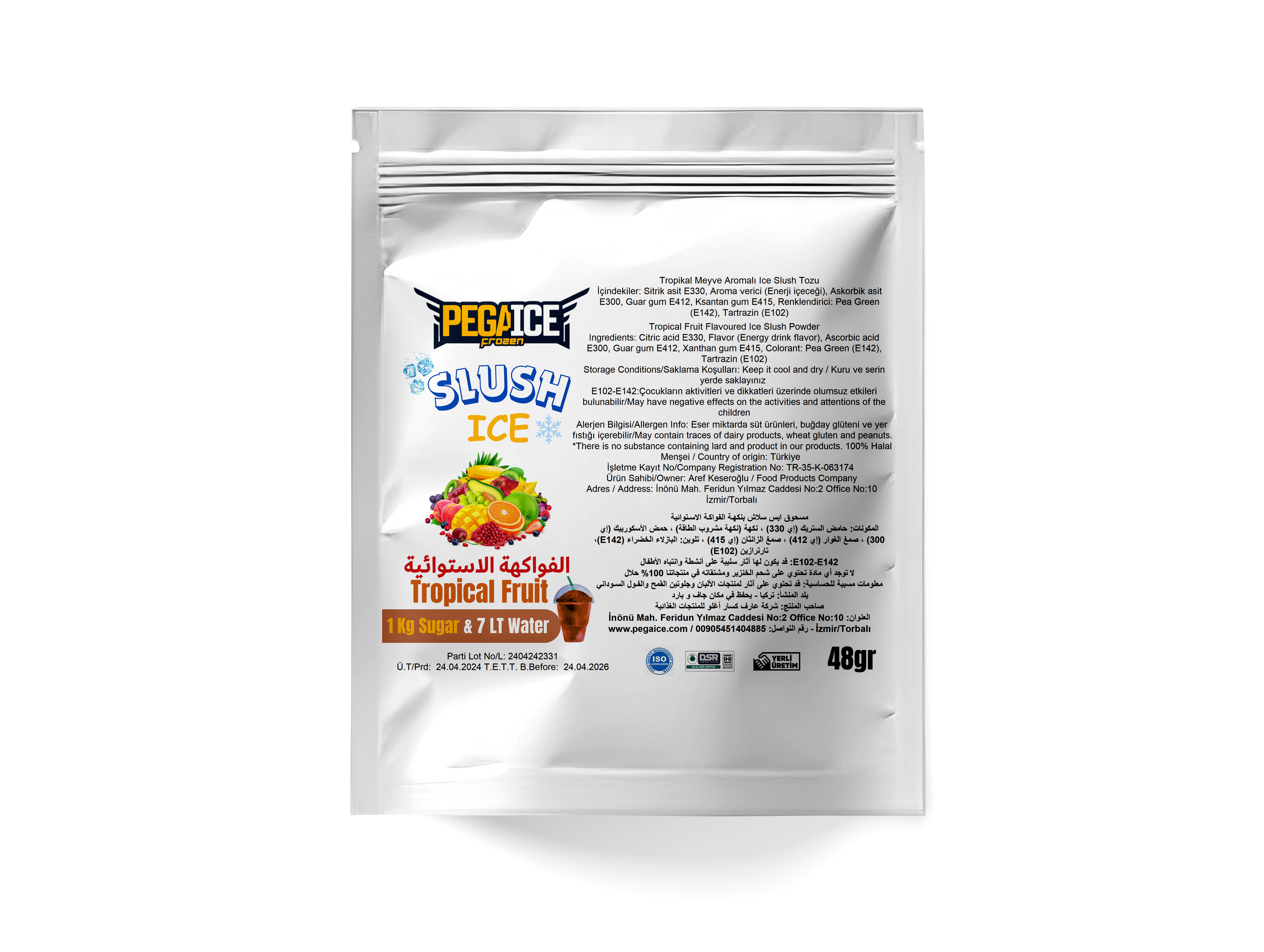 Preparation of Ice Slush Powder Tropical / Snow Slush Powder: 7 Liters of water, 1 Kg of sugar and 48gr Ice Slush Beverage powder package are mixed thoroughly in a bowl and poured into the ice slush machine reservoir.