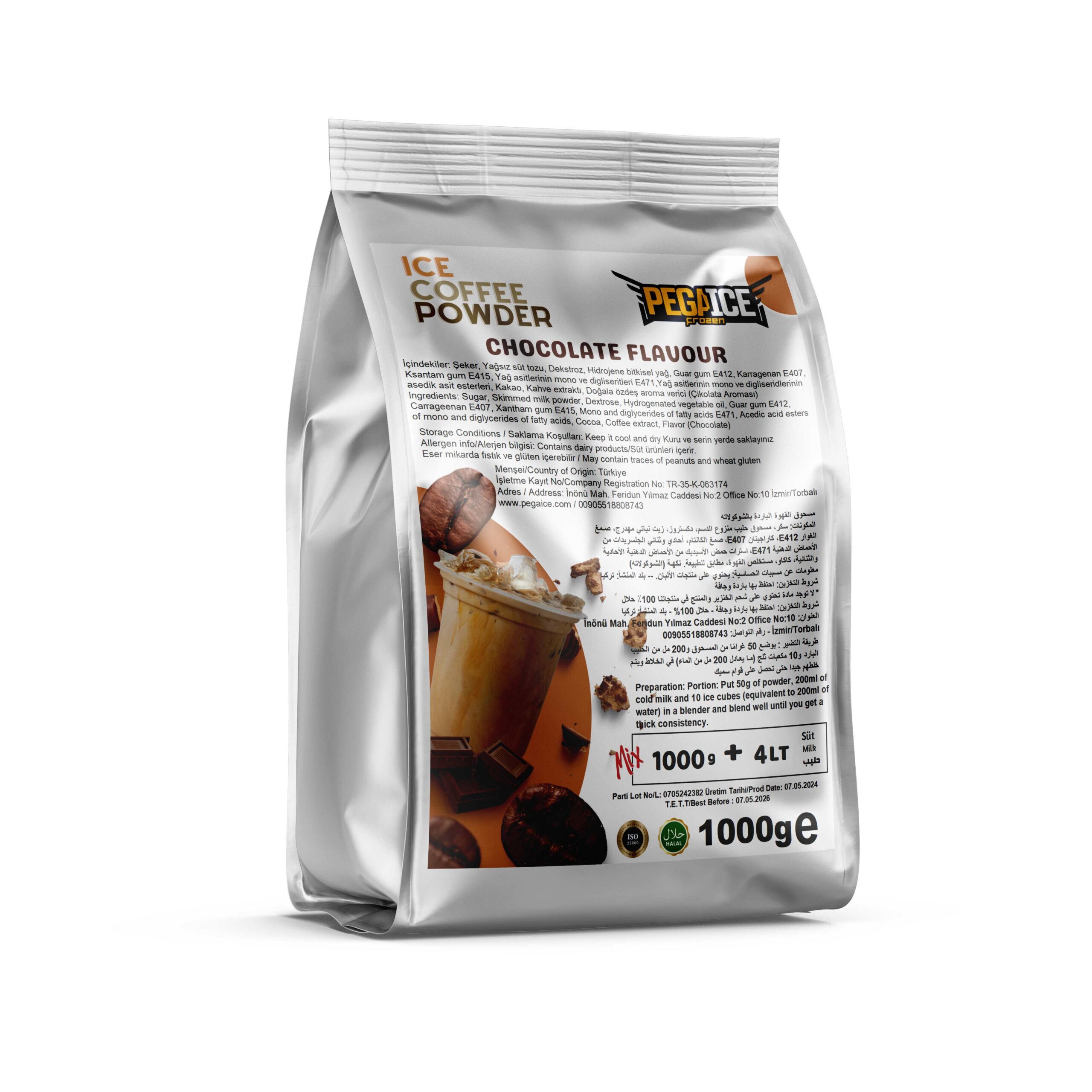 Ice Coffee Powder Chocolate Flavored Mix  Preparation: Mix 1 packet (1000 g) of powder with 4 litres of milk Preparation: Portion: Put 50g of powder, 200ml of cold milk and 10 ice cubes (equivalent to 200ml of water) in a blender and blend well until you get a thick consistency. خليط آيس كوفي بودرة بالشوكولاته طريقة التحضير: اخلط 1 عبوة (1000 جم) من المسحوق مع 4 لترات من الحليب التحضير الكمية: ضع 50 جم من المسحوق و200 مل من الحليب البارد و10 مكعبات ثلج (أي ما يعادل 200 مل من الماء) في الخلاط واخلط جيدًا حتى تحصل على قوام سميك.