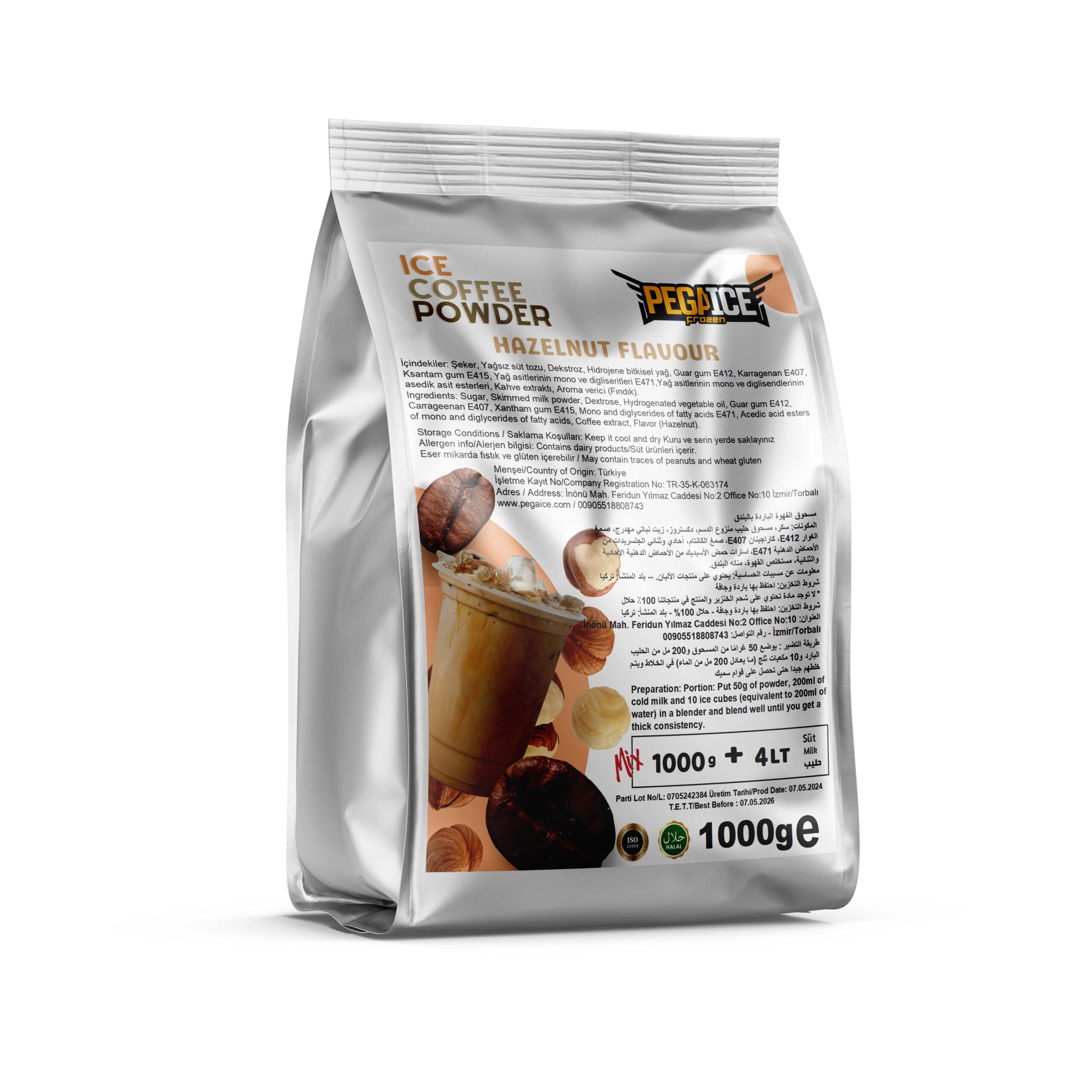 Ice Coffee Powder Hazelnut Flavored Mix  Preparation: Mix 1 packet (1000 g) of powder with 4 litres of milk Preparation: Portion: Put 50g of powder, 200ml of cold milk and 10 ice cubes (equivalent to 200ml of water) in a blender and blend well until you get a thick consistency. التحضير الكمية: ضع 50 جم من المسحوق آيس كوفي بودرة بالبندق و200 مل من الحليب الباردو10 مكعبات ثلج (أي ما يعادل 200 مل من الماء) في الخلاط واخلط جيدًا .