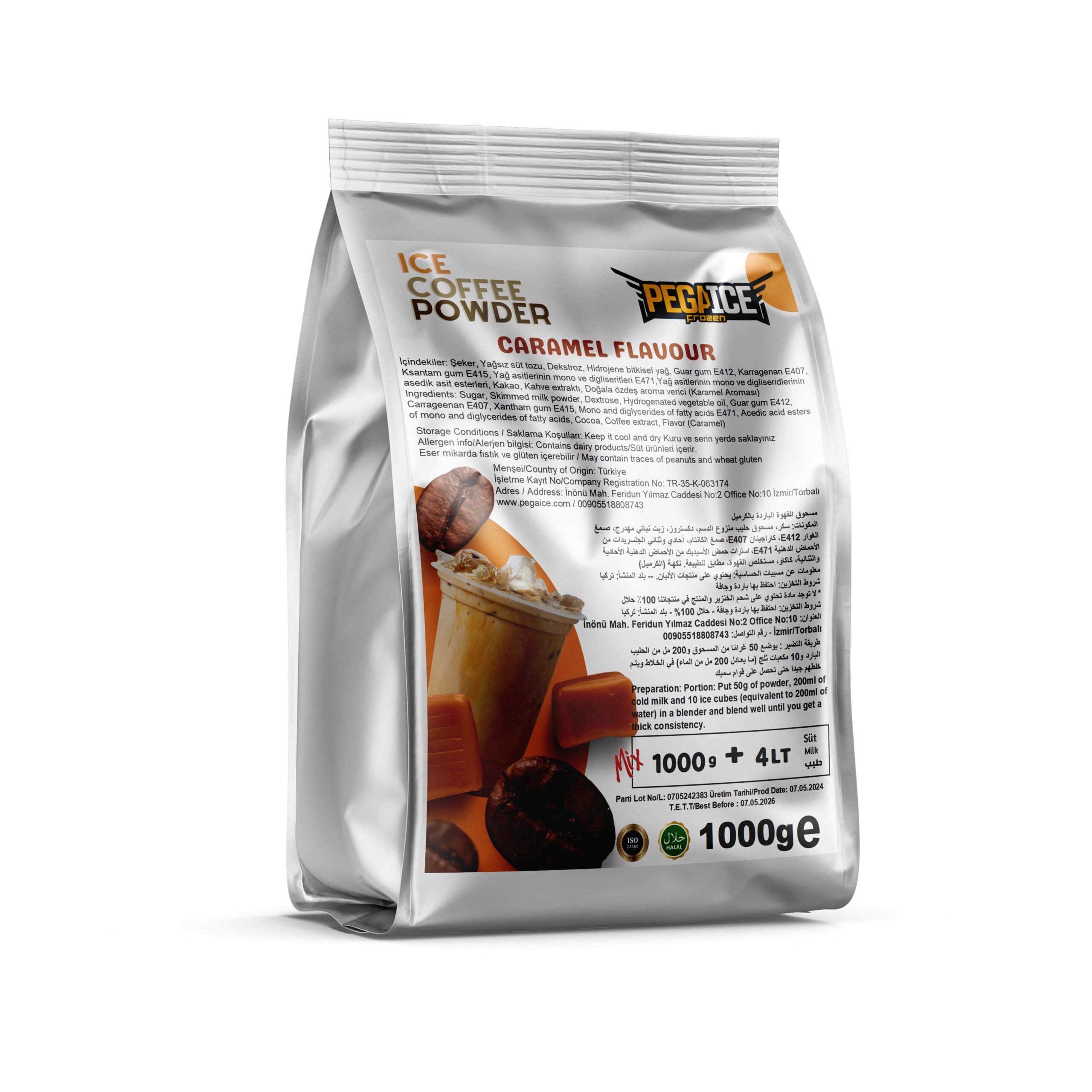Ice Coffee Powder Caramel Flavored Mix  Preparation: Mix 1 packet (1000 g) of powder with 4 litres of milk آيس كوفي بودرة