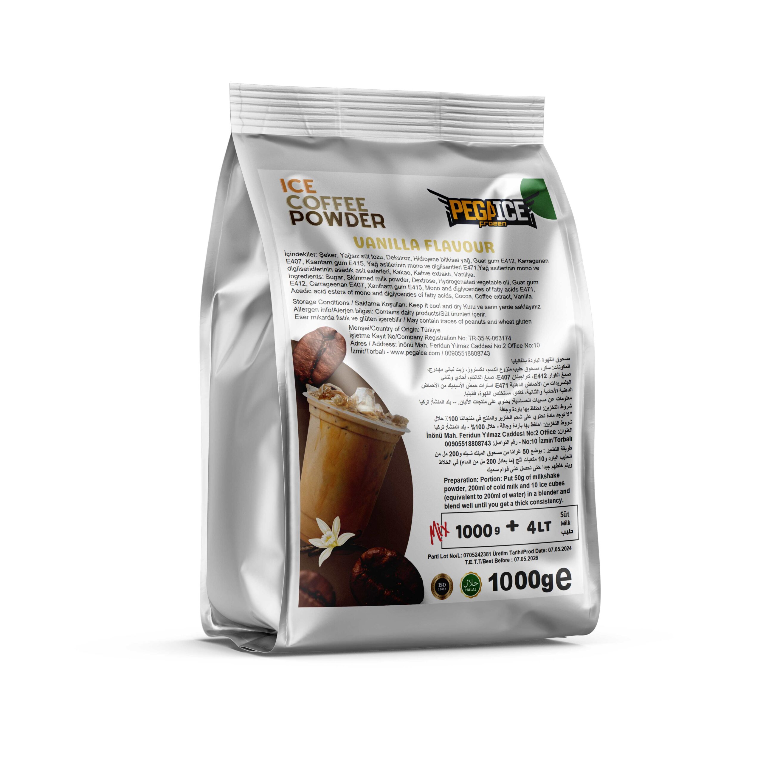 Ice Coffee Powder Vanilla Flavored Mix  Preparation: Mix 1 packet (1000 g) of powder with 4 litres of milk Preparation: Portion: Put 50g of powder, 200ml of cold milk and 10 ice cubes (equivalent to 200ml of water) in a blender and blend well until you get a thick consistency. خليط آيس كوفي بودرة بالفانيليا طريقة التحضير: اخلط 1 عبوة (1000 جم) من المسحوق مع 4 لترات من الحليب التحضير الكمية: ضع 50 جم من المسحوق و200 مل من الحليب البارد و10 مكعبات ثلج (أي ما يعادل 200 مل من الماء) في الخلاط واخلط جيدًا حتى تحصل على قوام سمي